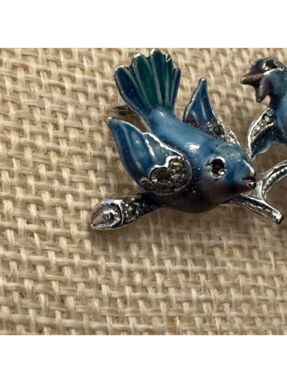 Vintage Enamel Bluebird Brooch With Rhinestone Accents On Silver Branch Design - Picture 2 of 8